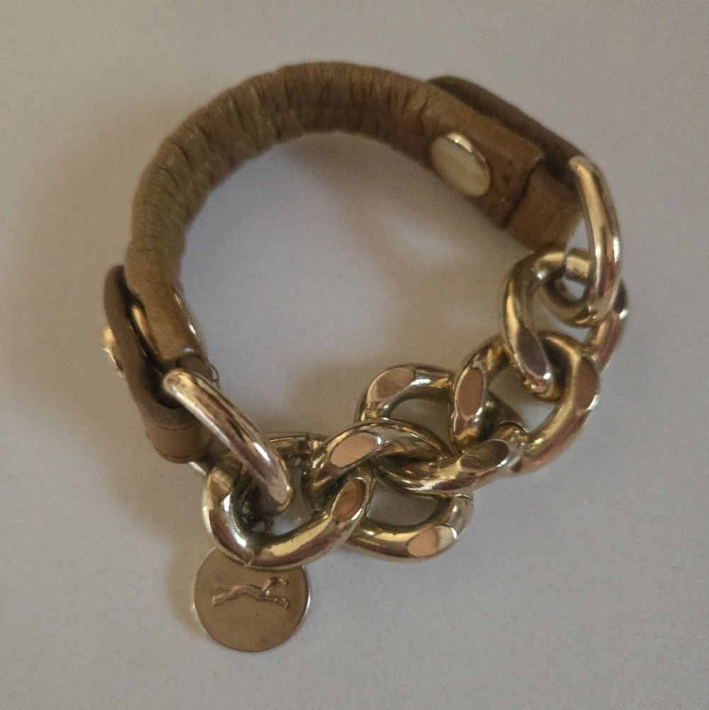 Bimba Y Lola Gold Chain And Mustard Yellow Genuine Leather Chunky Bracelet